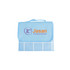 A large picnic blanket in blue featuring a grid pattern and a logo. Folds neatly with a carry handle.