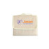 A cream picnic blanket with a green trim and a logo on the front, folded and secured with a handle.