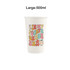 A large, white disposable paper cup featuring playful, colourful text and an illustration.