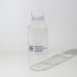 A drink bottle in clear plastic with a light blue lid and a logo on the front.