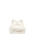 A cream-coloured sports crop top with a racerback design and a branding logo.