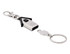 A silver keyring shaped like a house, featuring a clip and a detachable keyring.