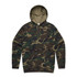 A camo hoodie featuring shades of green and brown, with a drawstring hood and front pocket. It has a logo.