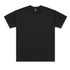 A black oversized t-shirt with a round neckline and short sleeves, featuring a logo on the label.