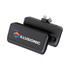 A black power bank with a logo, featuring a built-in connector and LED indicators.
