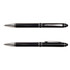 A metal pen set featuring sleek black finishes with silver detailing and a logo.