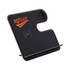 A black wireless charger stand with a logo, featuring a sleek design and multiple charging sections.