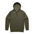 An olive green hoodie featuring a front pocket and a drawstring hood, with a logo on the front.