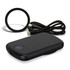 A black wireless charging power bank with a cable and a circular charging pad. It features a logo.