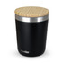 A drink bottle with a matte black body and a bamboo lid, featuring a logo on the side.