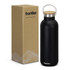 A drink bottle with a sleek black finish and a wooden lid, accompanied by a brown cardboard box.
