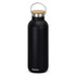 A drink bottle in matte black with a bamboo lid and a metal handle, featuring a logo at the base.