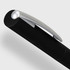 A black metal pen with a silver clip, featuring a sleek and modern design. It has a logo on the side.