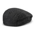 A flat cap in grey herringbone pattern with a structured design and a small logo.