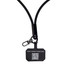 A black phone lanyard featuring a power cable attachment and a tag with a QR code and logo.