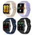 A set of four smartwatches in gold, purple, navy, and black with various digital displays and sport-style straps.