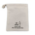 A white pouch made from recycled materials, featuring a drawstring closure and branding on the front.