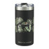 A drink bottle featuring a matte black design with tropical foliage and a silver lid, complete with a logo.