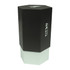 A drink bottle with a sleek black and white design, featuring a hexagonal shape and a logo.