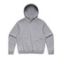 A grey jumper with a hood, featuring a fitted waistband and long sleeves. Includes a logo.