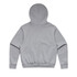 A grey jumper with a hood, featuring a ribbed hem and cuffs, viewed from the back.