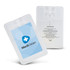 A clear, rectangular hand sanitiser card with a logo, containing 20ml of sanitiser.