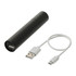 A rechargeable black flashlight with a USB output and a white USB-C charging cable.
