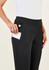 A pair of black women's 3/4 length stretch pants with a pocket, shown being held by a model.