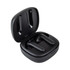A pair of black earbuds stored in an open charging case, featuring a sleek, modern design and a logo.