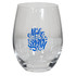 A stemless wine glass with a clear design and blue text that reads "Make a Splash."