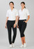 Two women model black Jane Stretch Pants paired with white shirts, featuring a sleek, professional style.