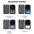 A wireless power bank with a sleek black design, featuring various branding options like laser engraving and digital print.