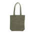 An olive green canvas tote bag with two handles and a simple design. It features a logo on its surface.
