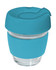 A drink bottle featuring a transparent glass body with a teal silicone lid and band. It has a logo on the side.