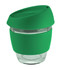 A glass coffee cup with a green silicon lid and band, designed for drinkware use.