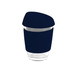 A reusable glass coffee cup in navy blue with a silicone lid and band, featuring a logo.