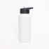 A drink bottle in white stainless steel, featuring a black lid and a logo. Double wall construction for insulation.