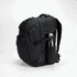 A black backpack with multiple compartments and a side pocket holding a drink bottle. It features a logo.