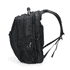 A black Eiger backpack with multiple zippered compartments and a mesh side pocket, featuring an attached handle.