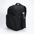 A black Fitzroy Backpack with a side pocket holding a drink bottle, featuring a logo on the front.
