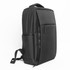 A black backpack with a sleek design, featuring a side pocket and a subtle logo.