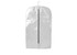 A silver non-woven garment bag with a hanger and a central zipper closure, featuring a logo on one side.