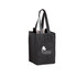 A black non-woven polypropylene tote bag designed to hold four wine bottles, featuring a logo on the front.