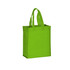A bright green non-woven tote bag with two handles and a square base, featuring a logo.