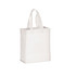 A white non-woven tote bag with sturdy handles and a simple design, featuring a logo.