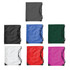 A set of Economy Duffle Bags in grey, blue, green, white, red, and pink, each with drawstring closures and branding.