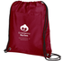 A red drawstring cooler pack with a logo, featuring black drawstrings for easy carrying.