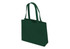 A green tote bag with two handles and a minimalist design, featuring a logo.