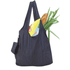 A navy reusable grocery bag with long handles, filled with a loaf of bread and green onions. It has a logo.