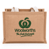 A jute boutique bag with gusset in natural brown, featuring an embroidered logo and white handles.